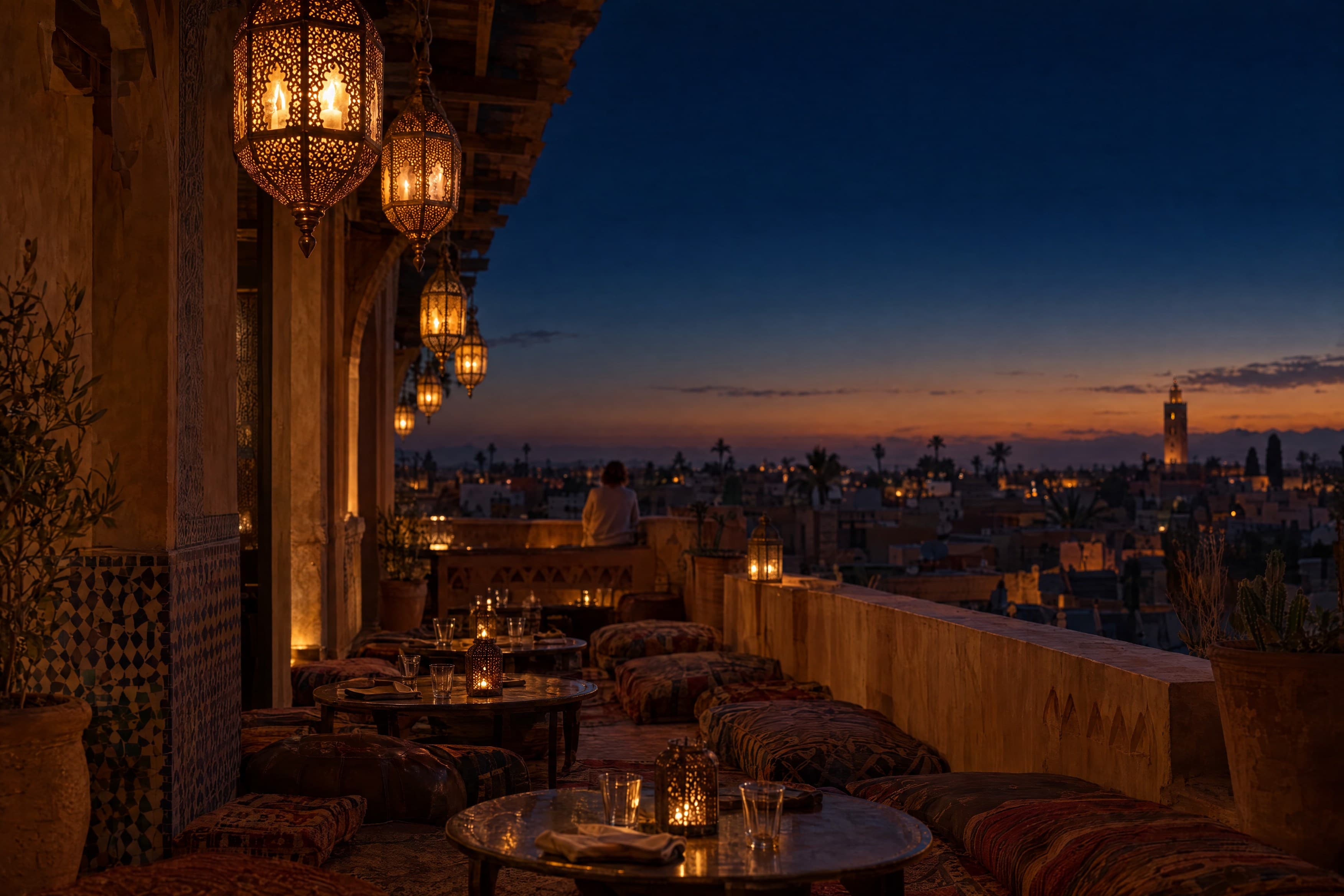 The Dar Assalam terrace at dusk, with lanterns lit and the Koutoubia across the rooftops.