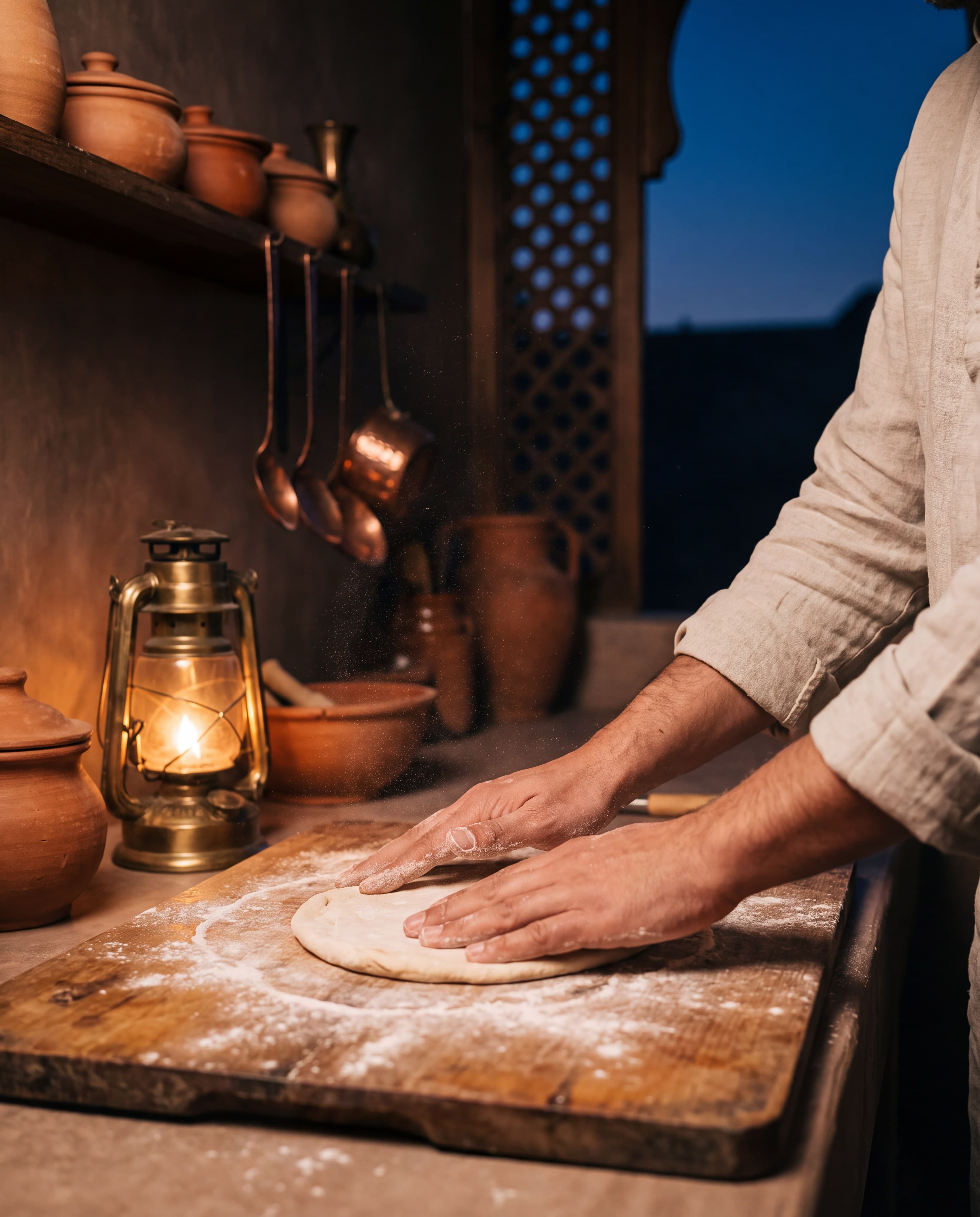 Hands pressing bread dough beside a lit lantern