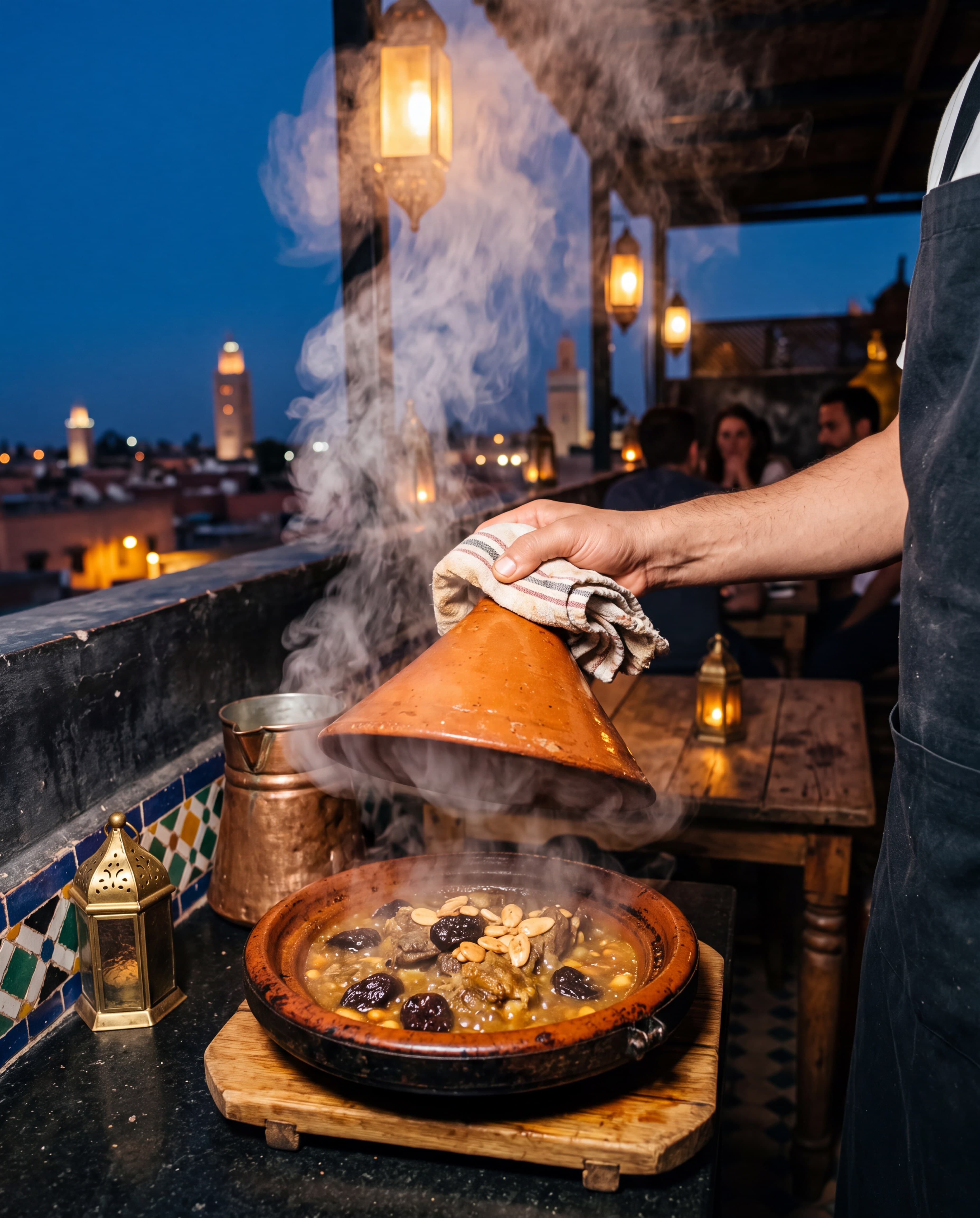A hand lifting a steaming tagine lid on the roof terrace