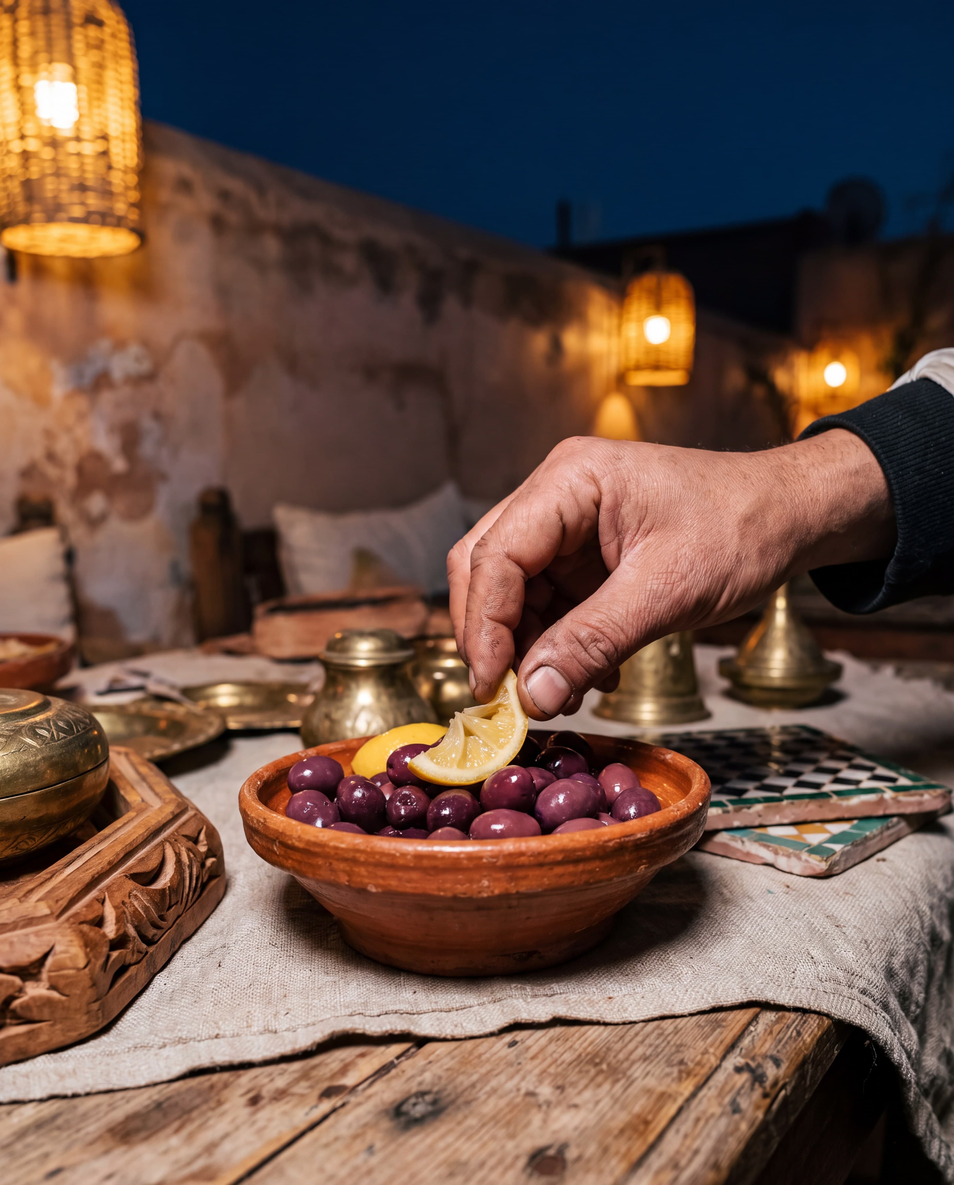 Olive bowl with lemon on a terrace table