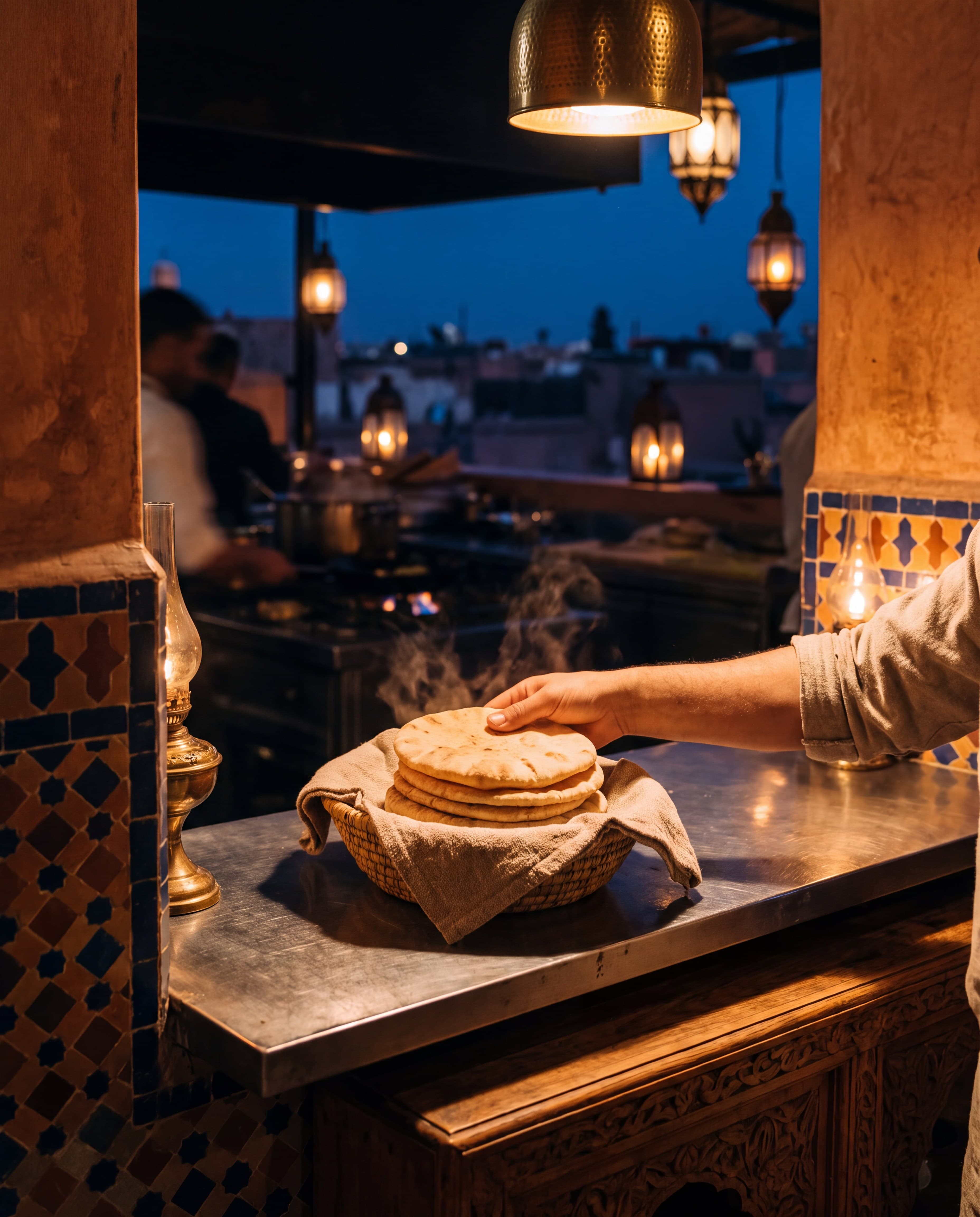 A hand reaching for warm bread stacked on the counter.