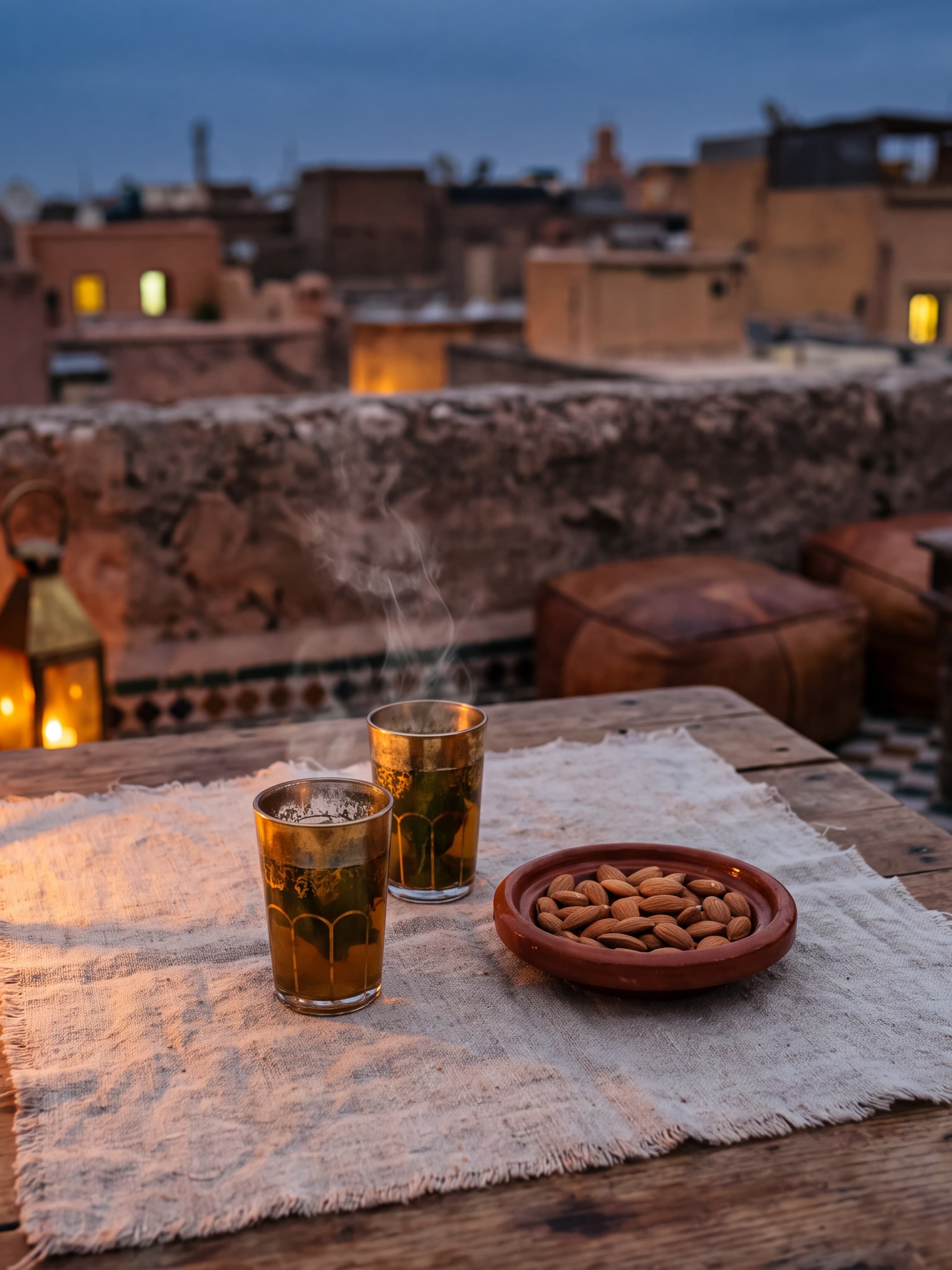 A laid table for two beside the parapet at night.